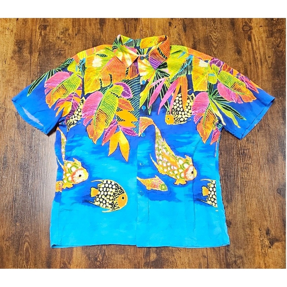 VTG 90s Jams World Men Large Neon Tropical Fish Rayon Montego Bay Made in Hawaii